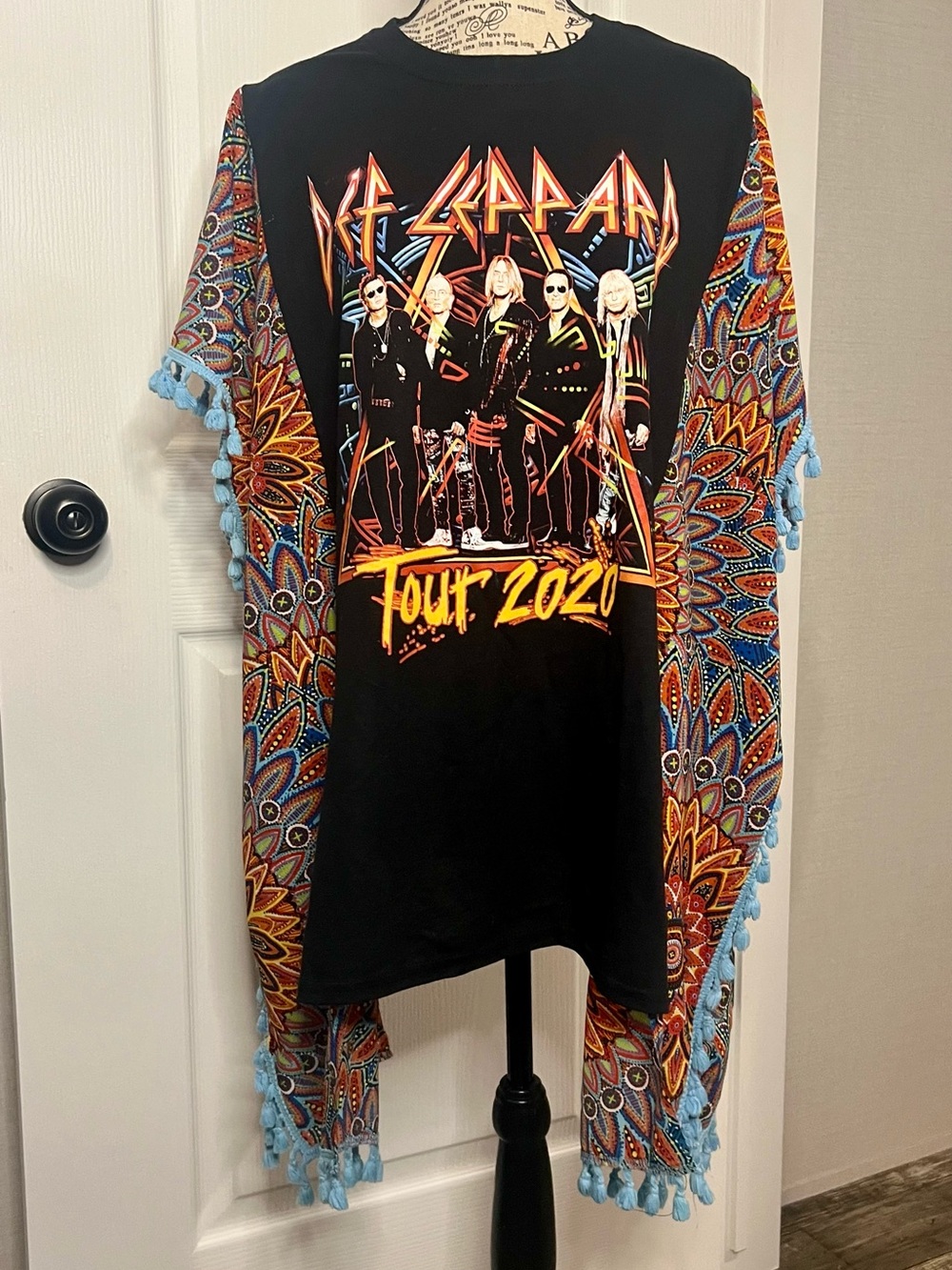 Handmade Upcycled Def Leppard Black Tour 2020 Tee w/Paisley Sleeves Poncho Style
